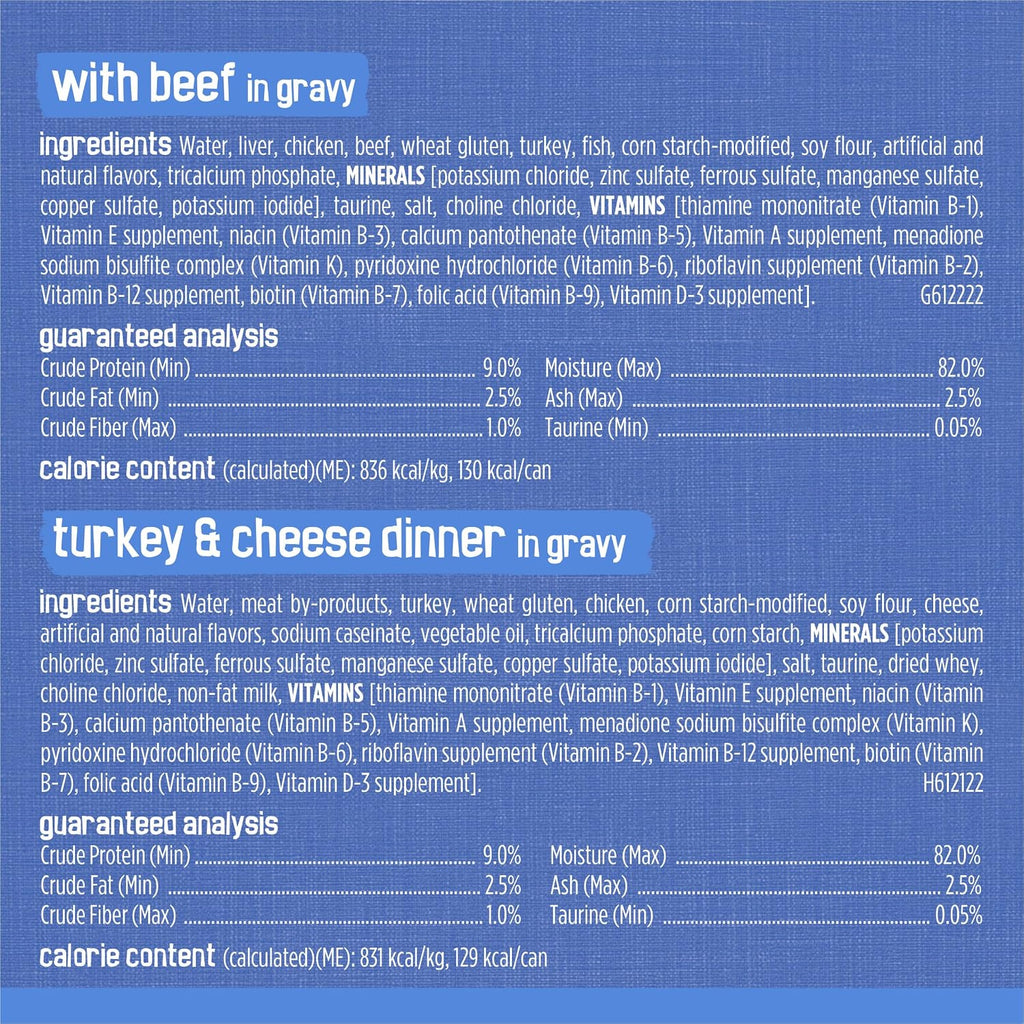 Purina Friskies Wet Cat Food Variety Pack. Shreds. 40 Pack 5.5 oz Cans | Beef. turkey and cheese. chicken and salmon. and ocean whitefish and tuna recipes in savory gravy