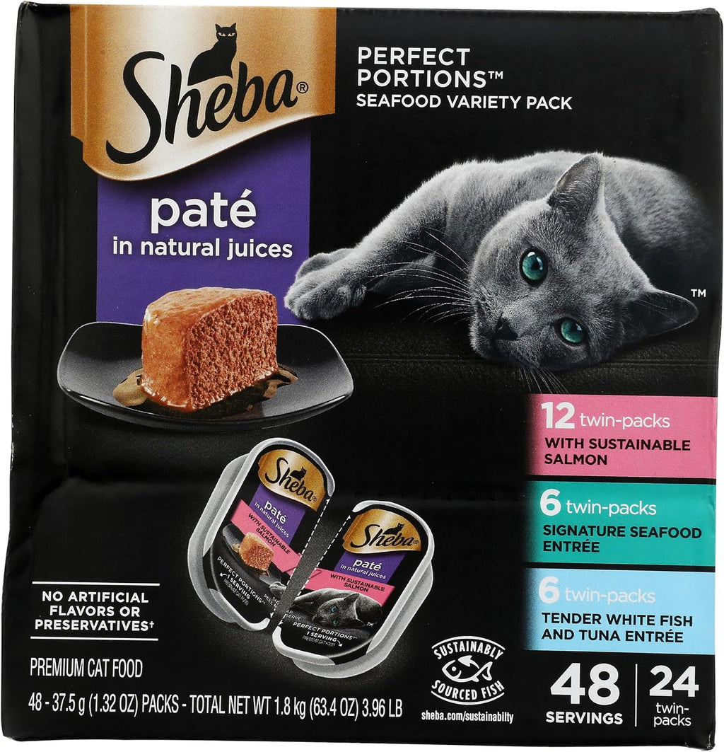 Sheba Perfect Portions Pate Wet Cat Food. Seafood Variety. 2.6 oz. 24 ct | Grain-free. made in USA. Sustainable Salmon. Signature Seafood & Whitefish Tuna. no artificial flavors. twin-pack trays