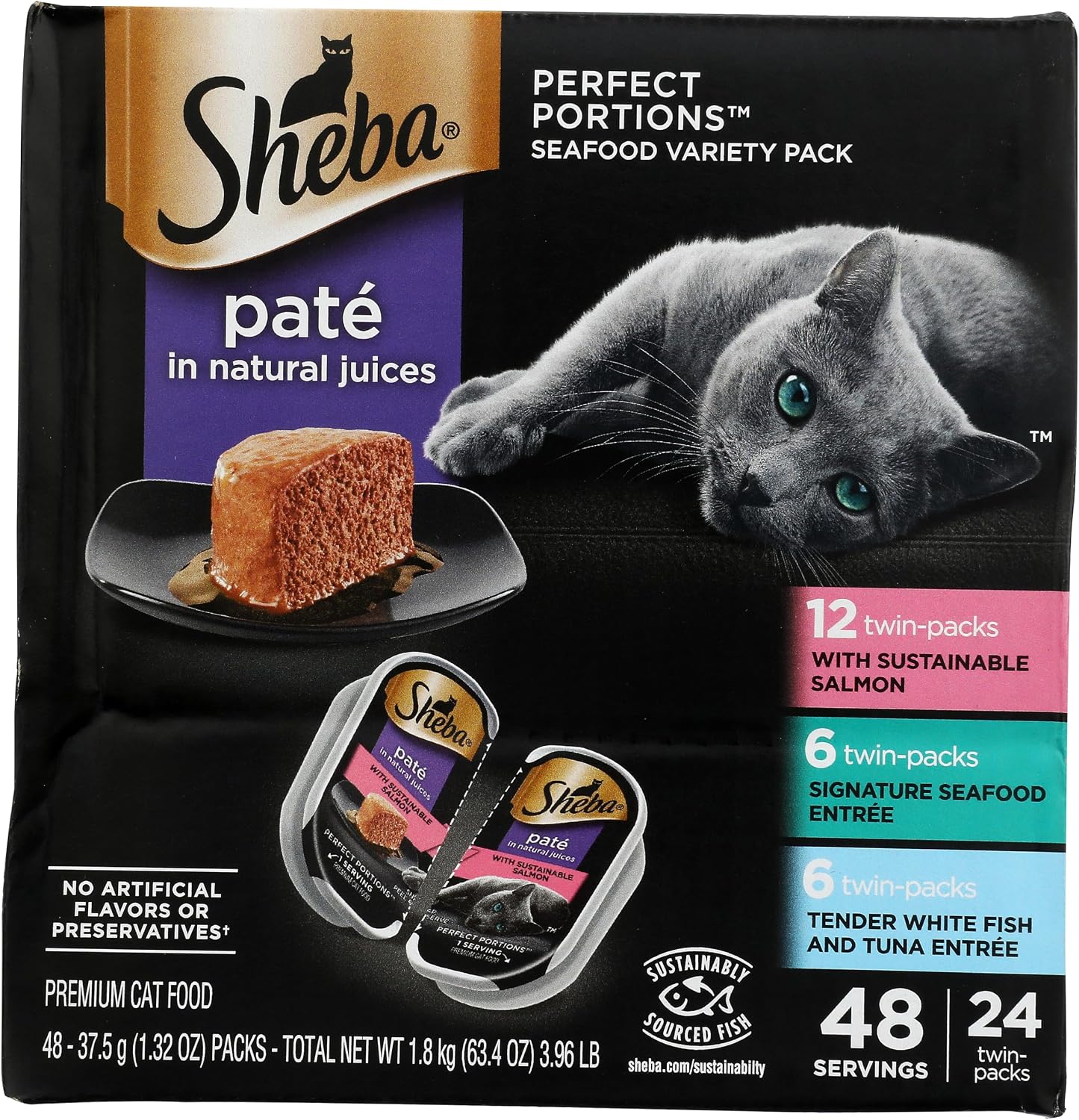 Sheba Perfect Portions Pate Wet Cat Food. Seafood Variety. 2.6 oz. 24 ct | Grain-free. made in USA. Sustainable Salmon. Signature Seafood & Whitefish Tuna. no artificial flavors. twin-pack trays