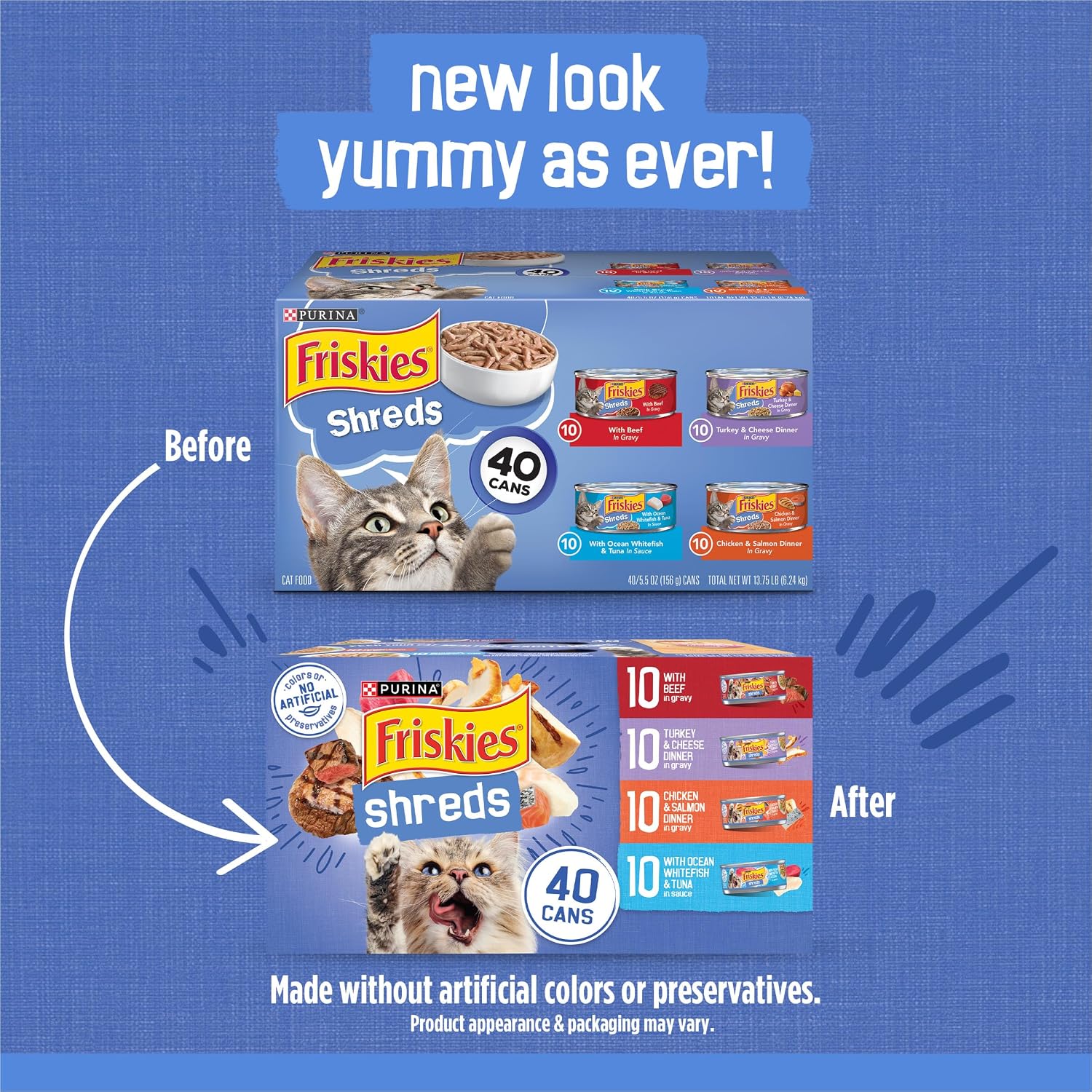 Purina Friskies Wet Cat Food Variety Pack. Shreds. 40 Pack 5.5 oz Cans | Beef. turkey and cheese. chicken and salmon. and ocean whitefish and tuna recipes in savory gravy