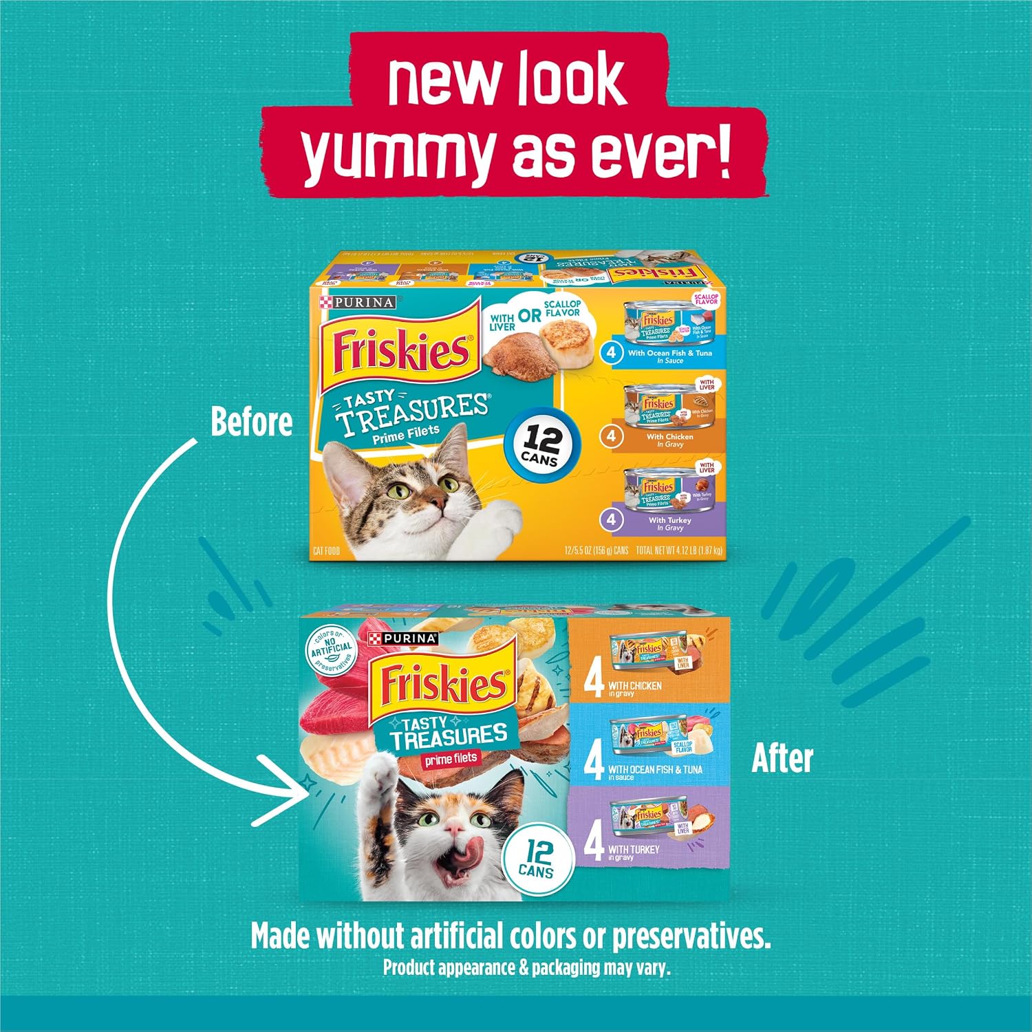 Purina Friskies Wet Cat Food Variety Pack. Tasty Treasures Prime Filets (With Ocean Fish and Tuna. With Chicken and With Turkey) - 5.5 Ounce (Pack of 12)