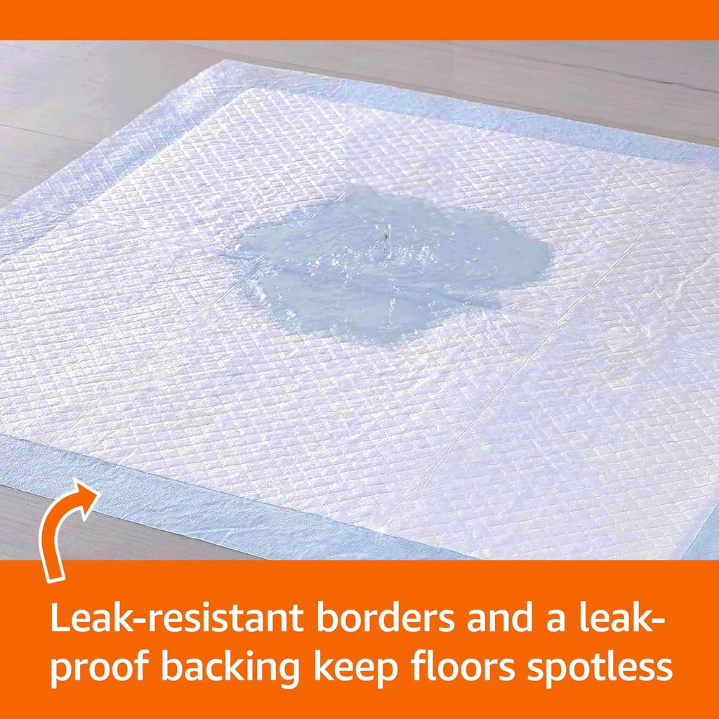 Amazon Basics Leak-Proof Dog and Puppy Potty Training Pee Pads with Quick-Dry 5-Layer Super Absorbent Design. Regular Size 22 x 22 inch. Blue & White. 100 Count