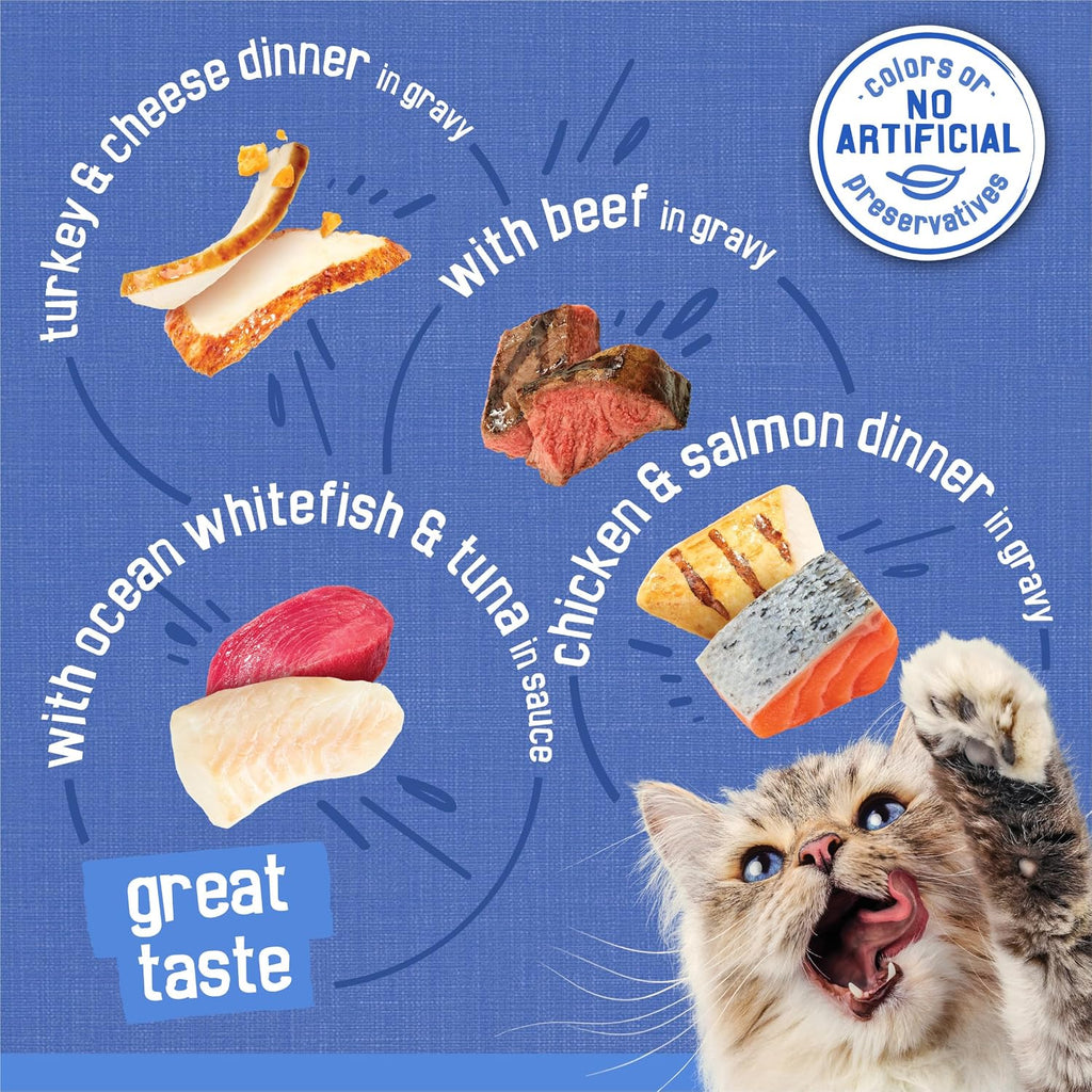 Purina Friskies Wet Cat Food Variety Pack. Shreds. 40 Pack 5.5 oz Cans | Beef. turkey and cheese. chicken and salmon. and ocean whitefish and tuna recipes in savory gravy