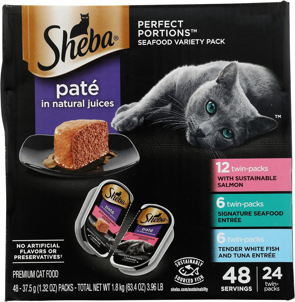Sheba Perfect Portions Pate Wet Cat Food. Seafood Variety. 2.6 oz. 24 ct | Grain-free. made in USA. Sustainable Salmon. Signature Seafood & Whitefish Tuna. no artificial flavors. twin-pack trays