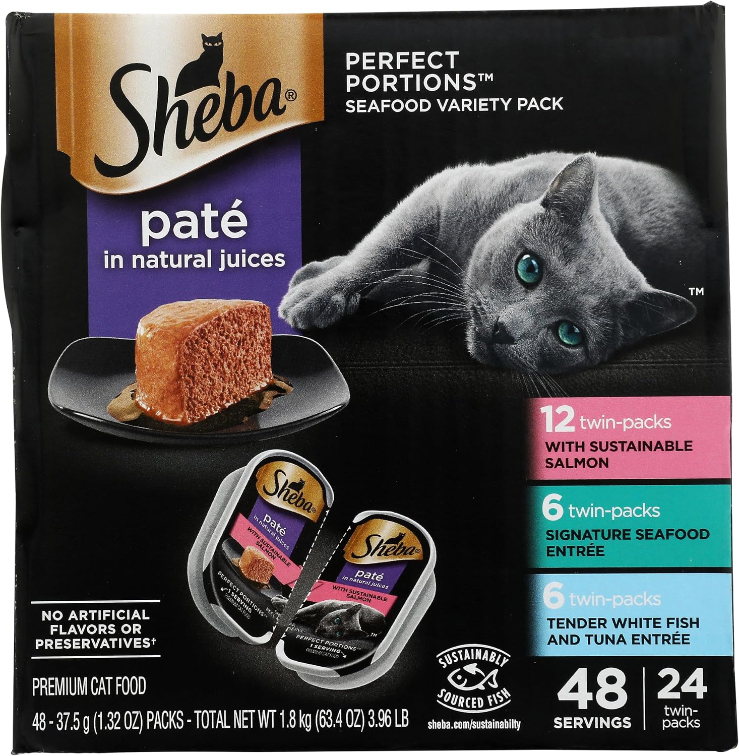 Sheba Perfect Portions Pate Wet Cat Food. Seafood Variety. 2.6 oz. 24 ct | Grain-free. made in USA. Sustainable Salmon. Signature Seafood & Whitefish Tuna. no artificial flavors. twin-pack trays